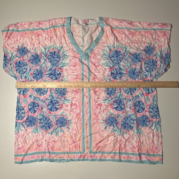 Lilly Pulitzer Thea V-Neck Caftan Dress Pewter Pink Sole Seaurchin L/XL Kimono - Picture 4 of 8
